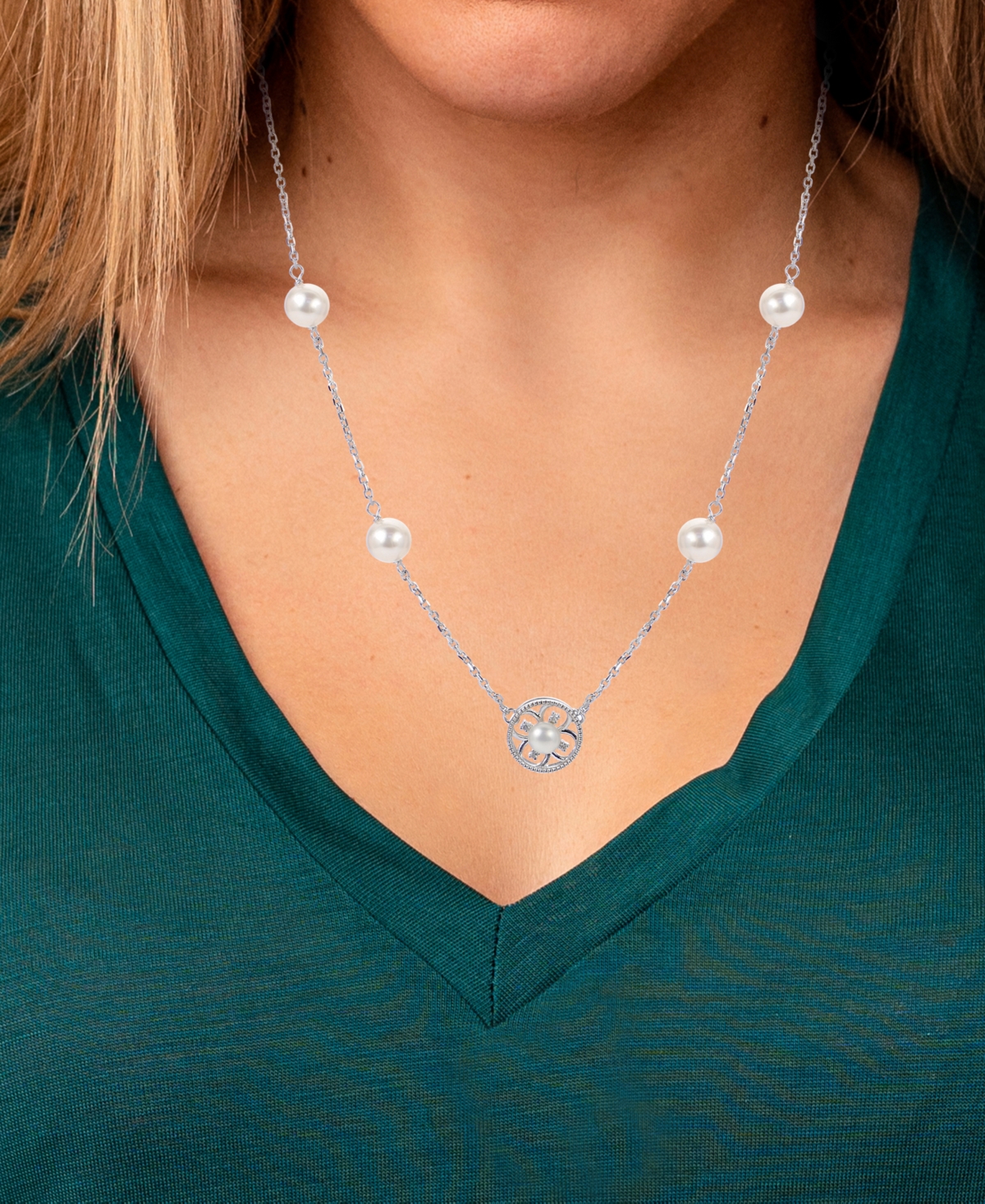 Cultured Freshwater Pearl (5 - 6-1/2mm) & Lab-Created White Sapphire (1/20 ct. t.w.) Flower 18