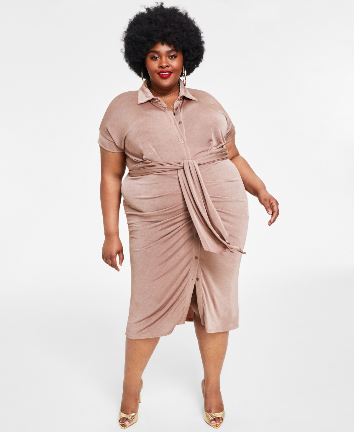 Nina Parker Trendy Plus Size Tie-front Ruched Shirtdress In Portabella