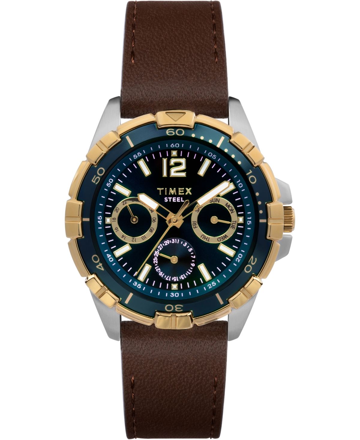 Men's Quartz Analog Premium Dress Leather Brown Watch 44mm - Brown