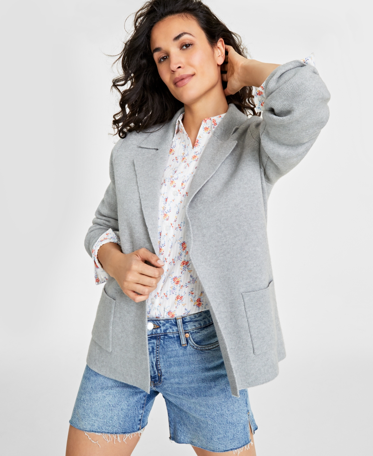 On 34th Women's Sweater Blazer, Created For Macy's In Light Grey Heather