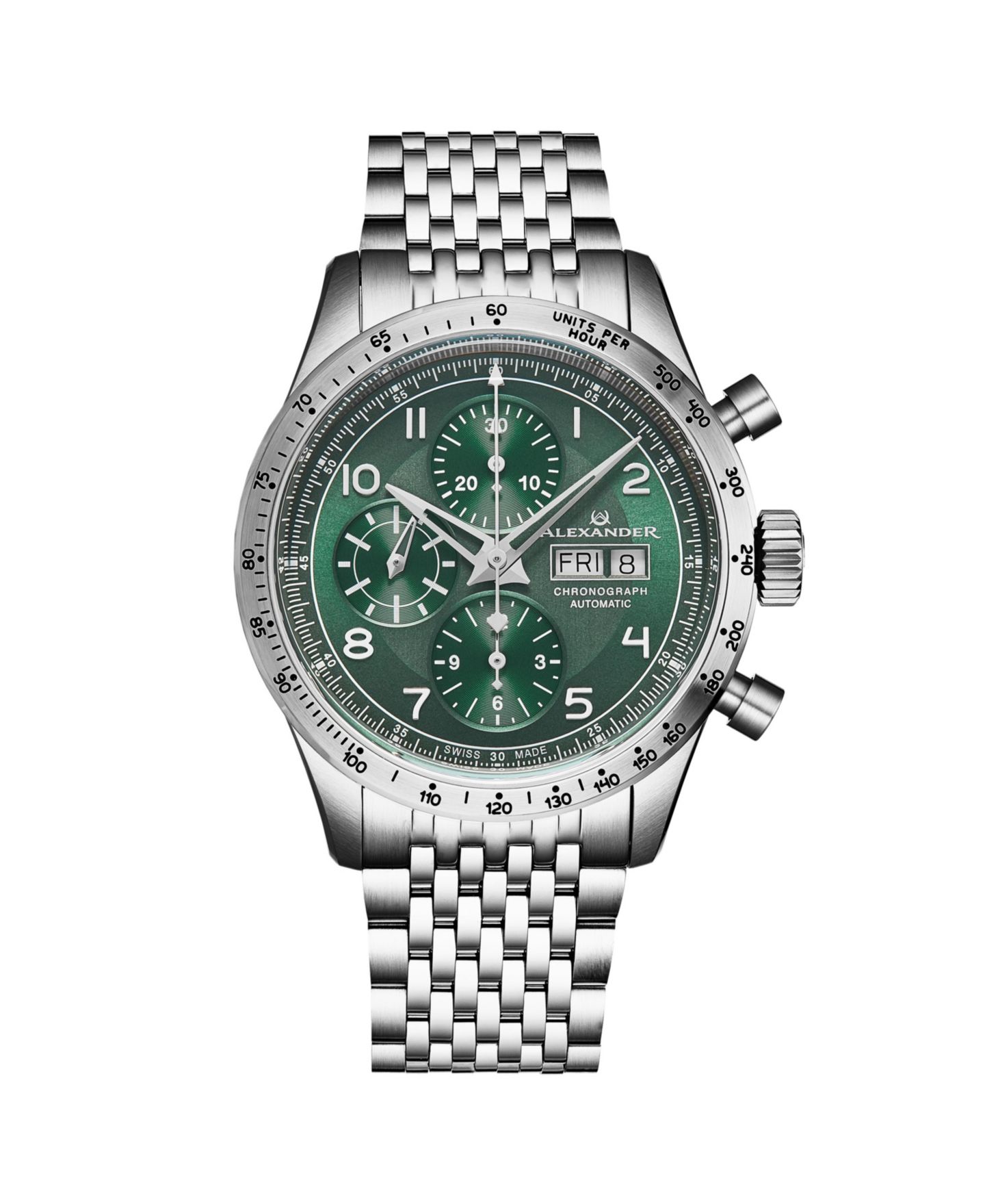 Мужские часы Alexander Megalos Swiss Automatic Chronograph 43mm Silver Tone Stainless Steel Case Green Dial Sapphire Crystal 100M Water Resistant — фото 1