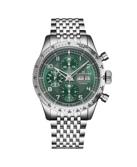 Мужские часы Alexander Megalos Swiss Automatic Chronograph 43mm Silver Tone Stainless Steel Case Green Dial Sapphire Crystal 100M Water Resistant