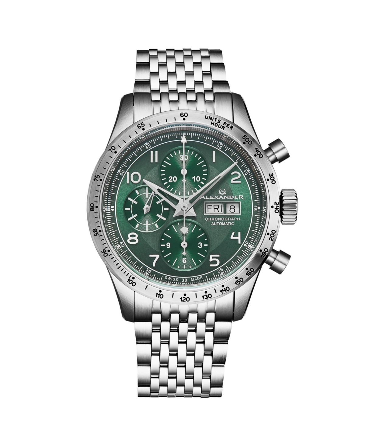 ALEXANDER MEN'S MEGALOS SILVER-TONE STAINLESS STEEL , GREEN DIAL , 51MM ROUND WATCH