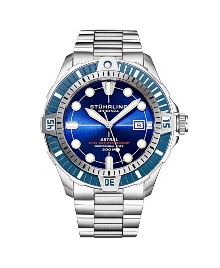 Stuhrling Men S Astral Diver 44mm Swiss Automatic Watch Blue Dial