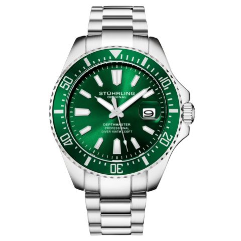 Мужские часы Stuhrling Aquadiver Silver-tone Stainless Steel, Green Dial, 42mm Round Watch, цвет: Серебряный