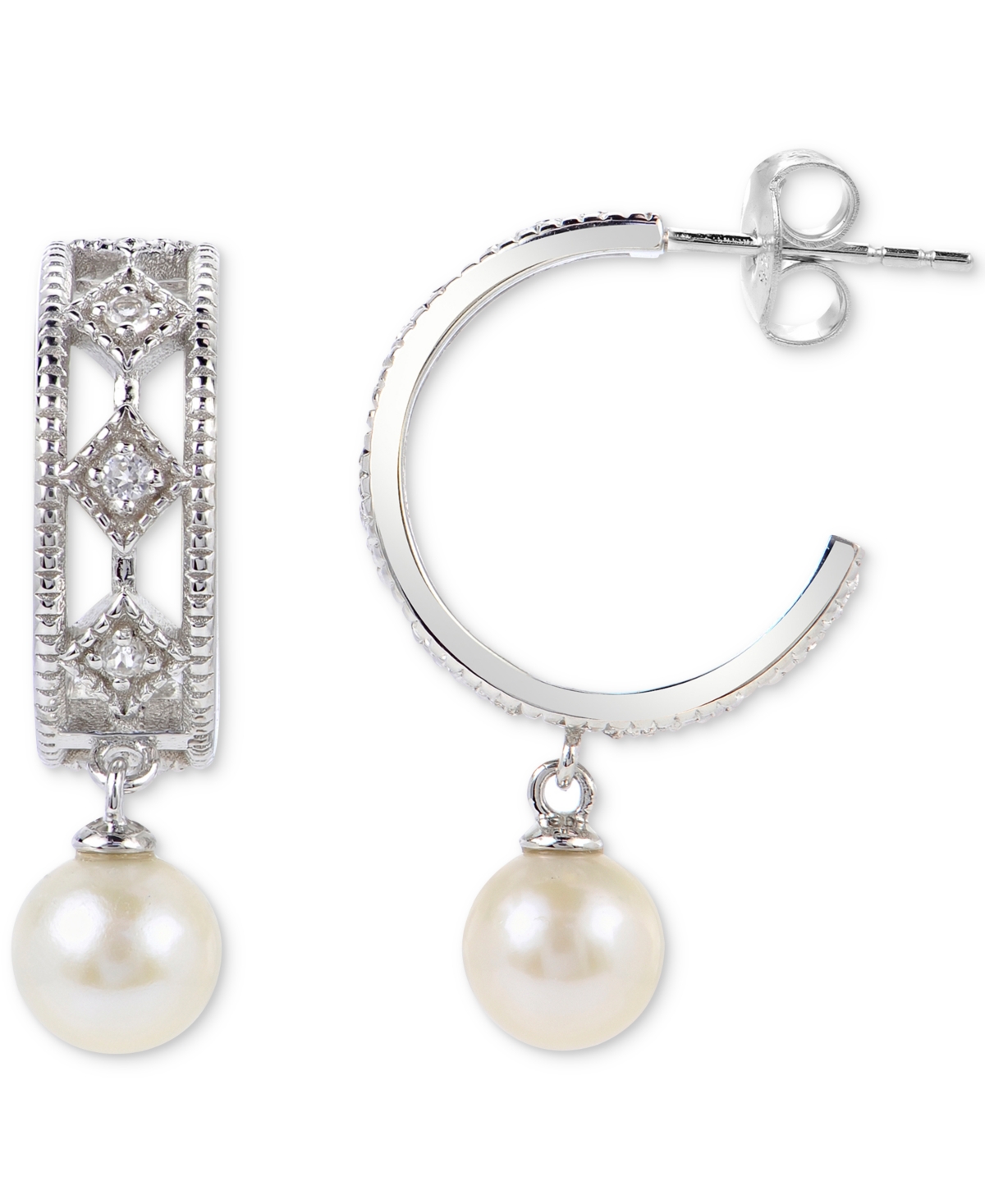 Macy's Cultured Freshwater Pearl (6mm) & Lab-created White Sapphire (1/4 Ct. T.w.) Dangle Hoop Drop Earring In Sterling Silver