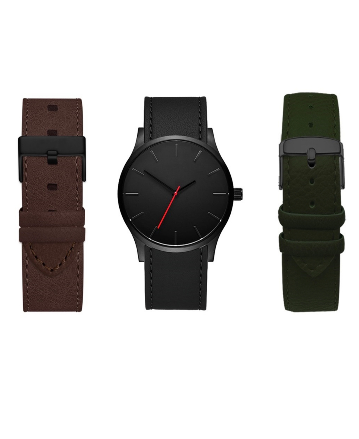 Men's Quartz Dial Black Leather Strap Watch, 42mm with Interchangeable Straps, Set of 3 - Multi