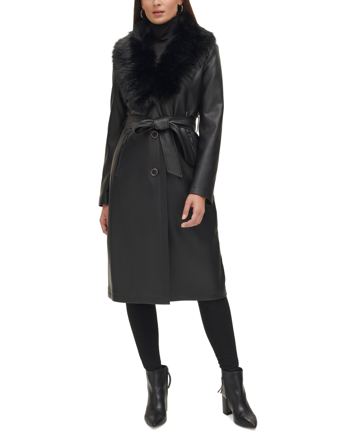 Women's Faux-Fur-Trim Faux-Leather Coat - Black