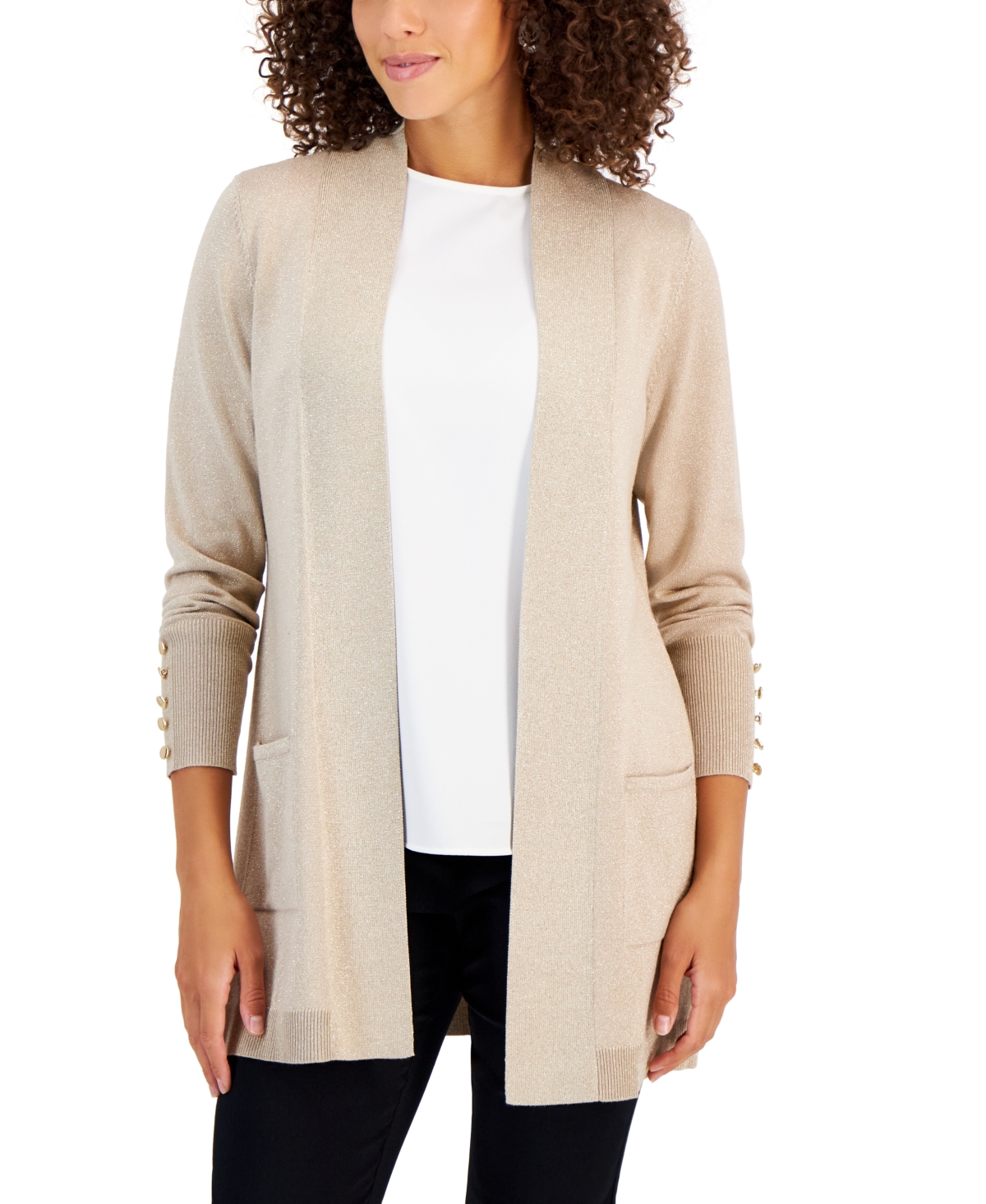 JM COLLECTION PETITE OPEN-FRONT BUTTONED-CUFF CARDIGAN, CREATED FOR MACY'S