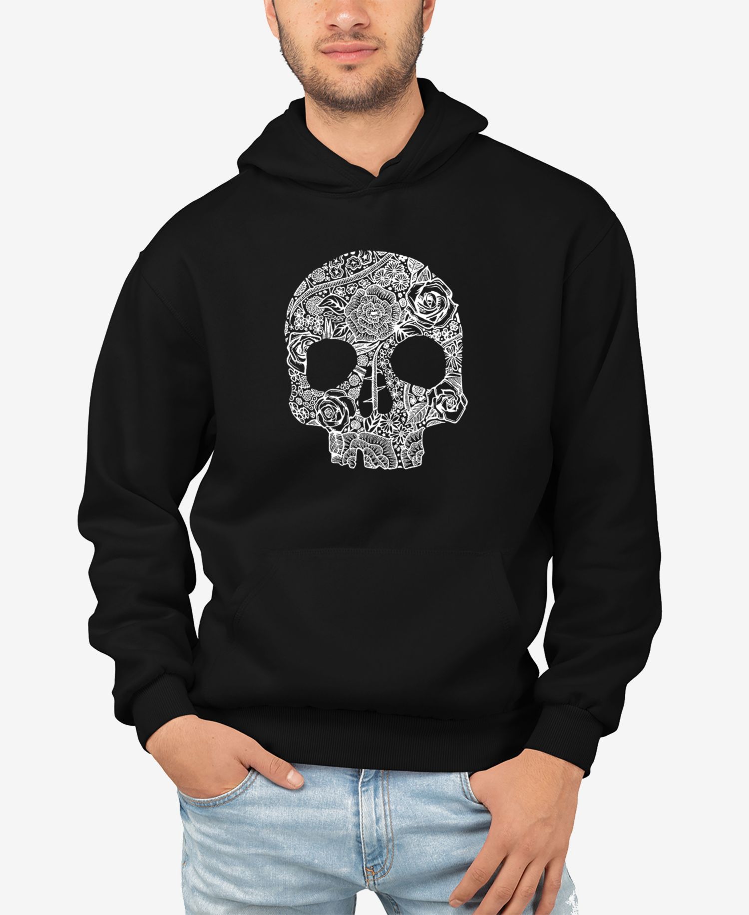 Men's Flower Skull Word Art Long Sleeve Hooded Sweatshirt