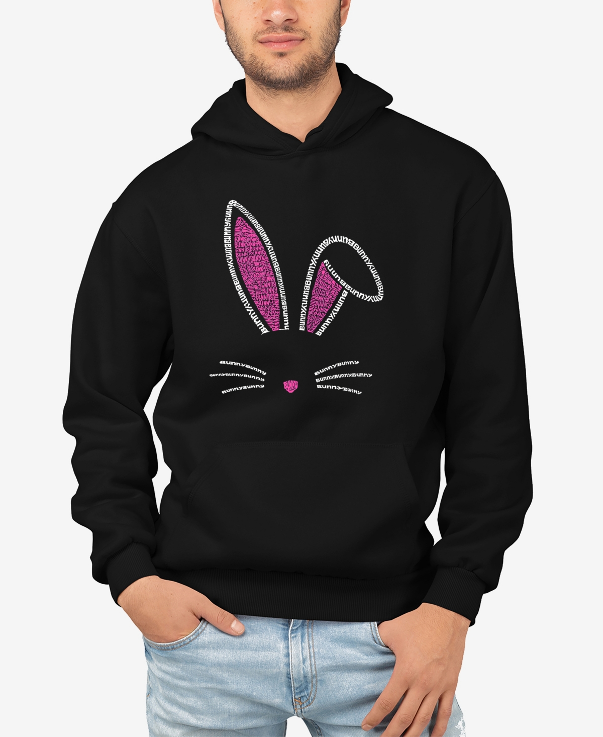 La Pop Art Men's Bunny Ears Word Art Long Sleeve Hooded Sweatshirt In Black
