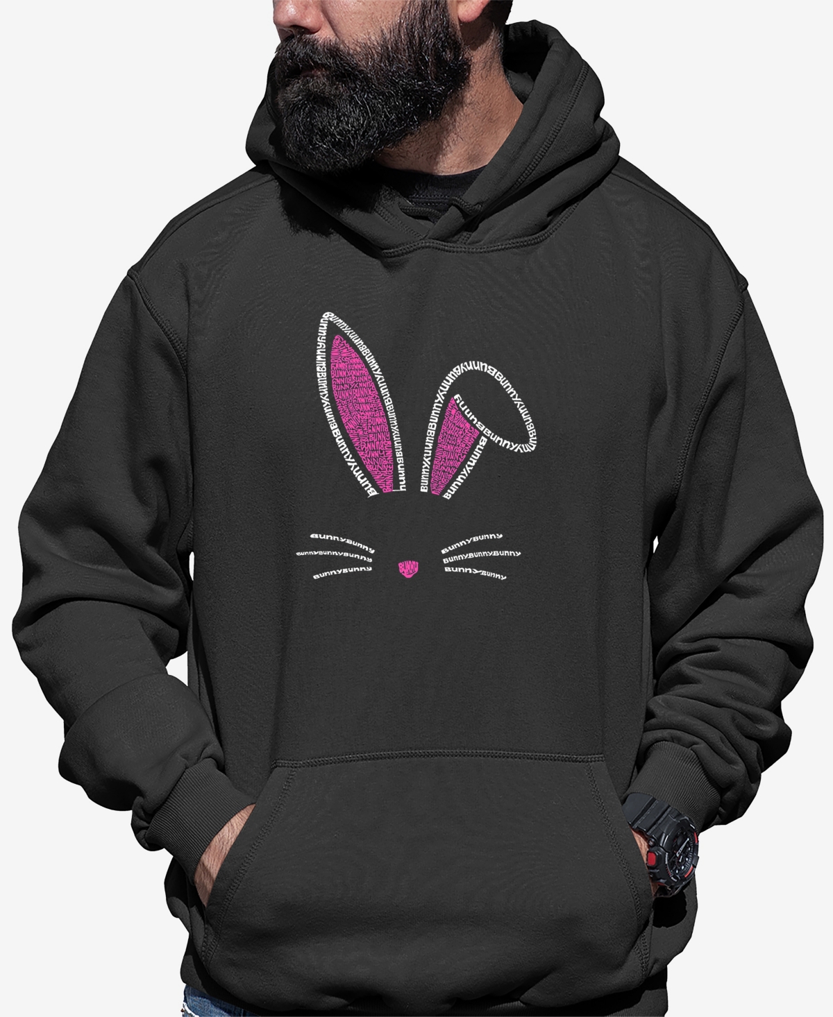 La Pop Art Men's Bunny Ears Word Art Long Sleeve Hooded Sweatshirt In Dark Gray