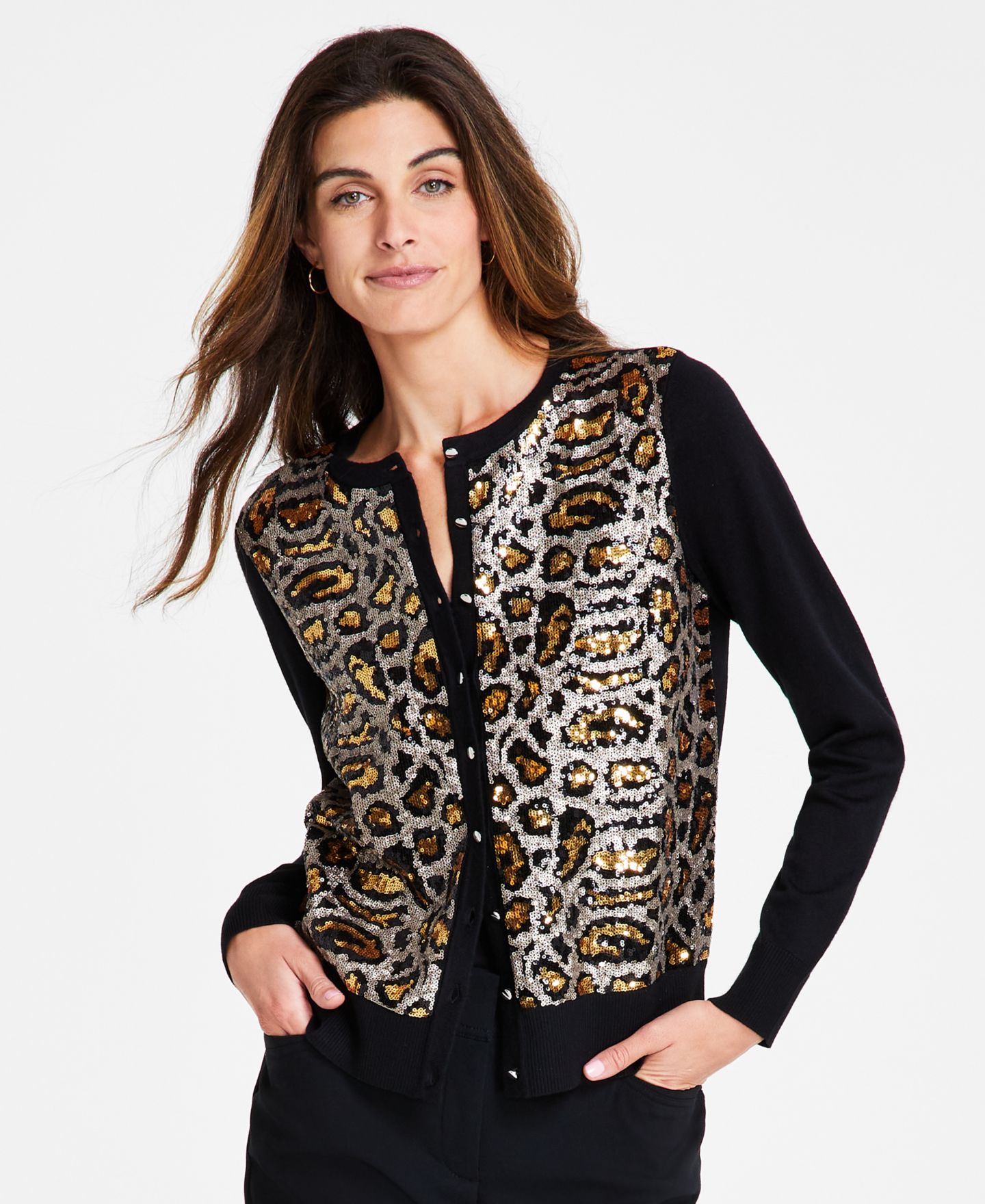 Женский кардиган JM Collection Leopard Sequin Party Cardigan, цвет: Чёрный комбинированный — фото 1