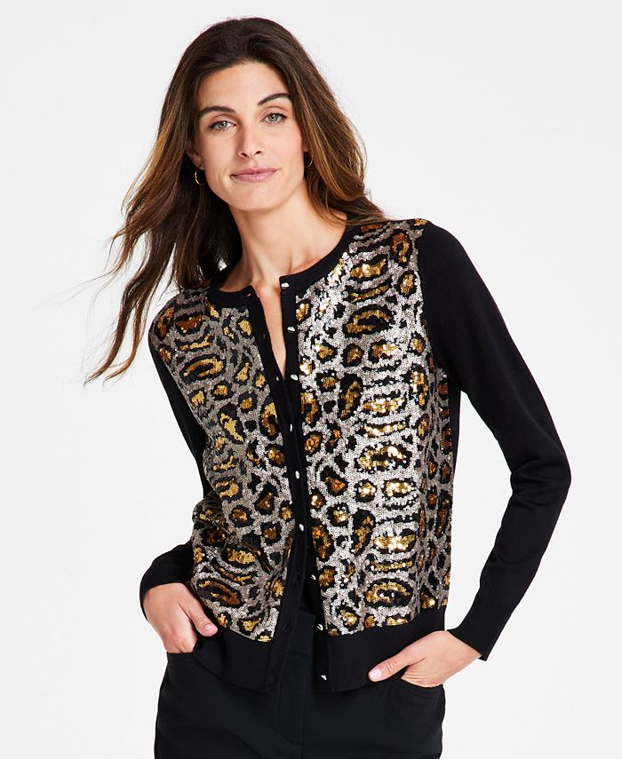 JM Collection Women's Leopard Sequin Party Cardigan Sweater, Created ...
