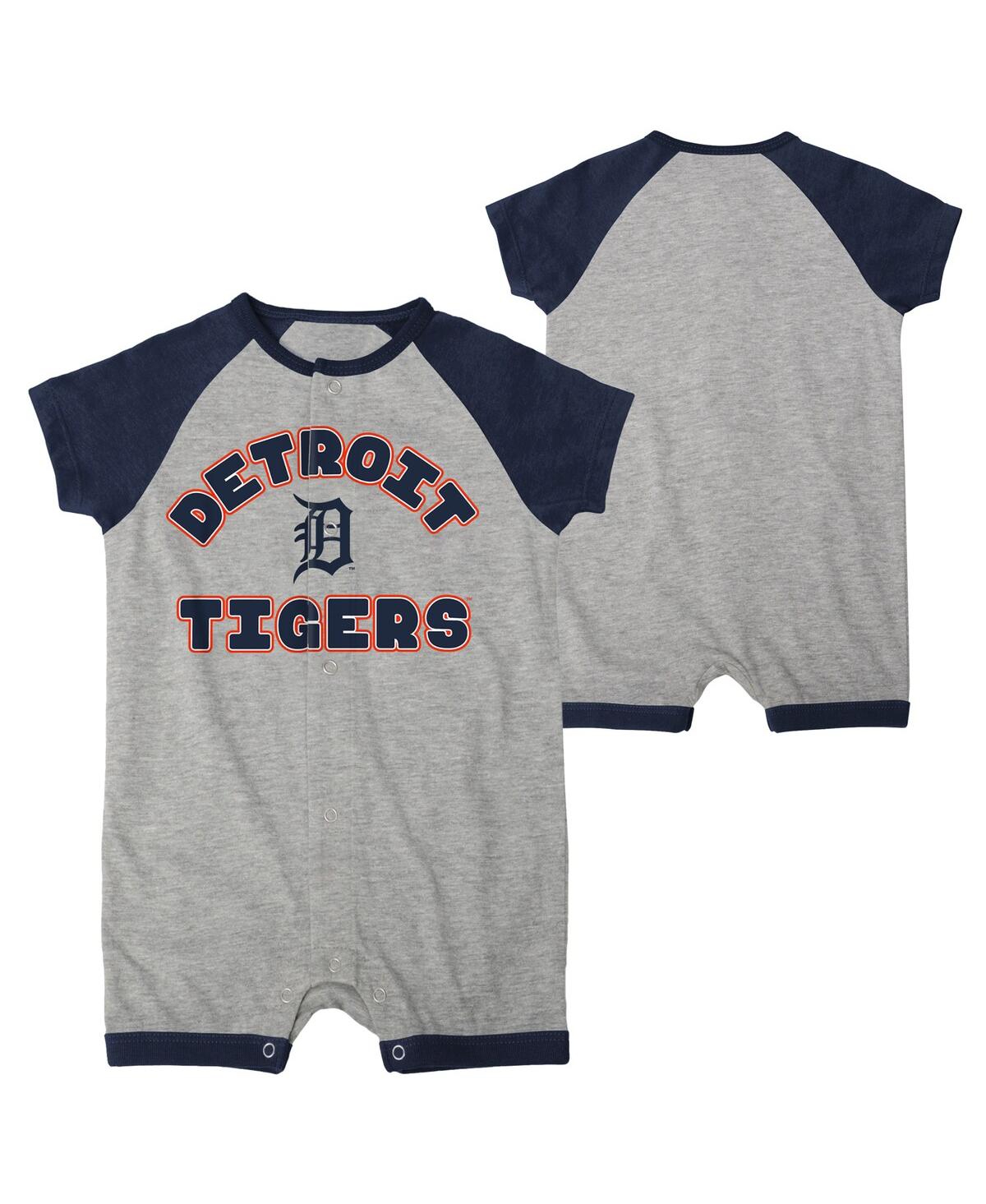 OUTERSTUFF NEWBORN AND INFANT BOYS AND GIRLS HEATHER GRAY DETROIT TIGERS EXTRA BASE HIT RAGLAN FULL-SNAP ROMPER