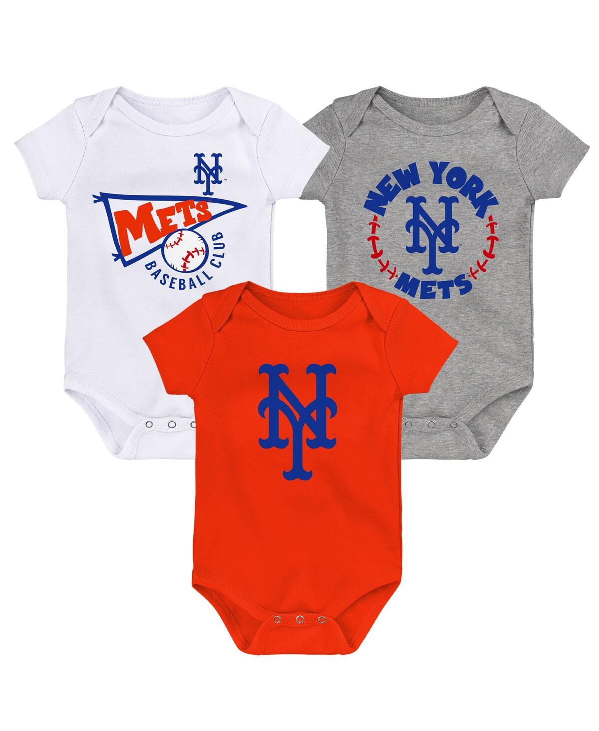 Outerstuff Babies' Infant Boys And Girls Orange, White, Heather Gray New York Mets Biggest Little Fan 3-pack Bodysuit S In Orange,white,heather Gray