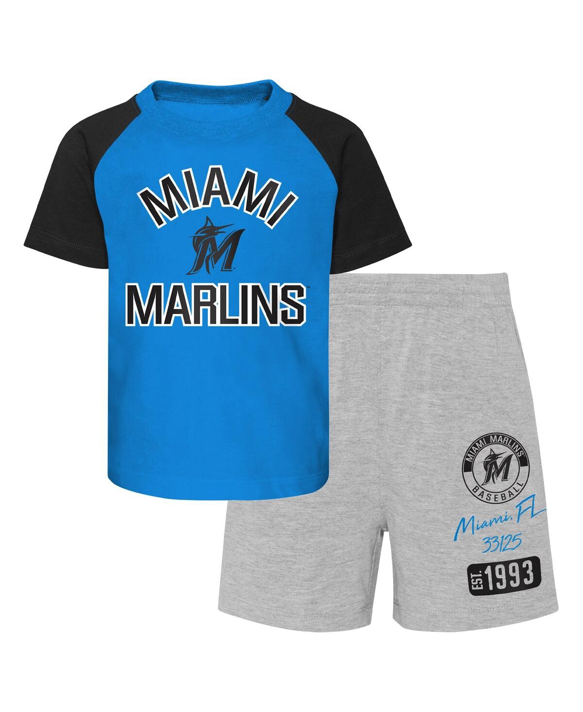 Shop Outerstuff Infant Boys And Girls Blue, Heather Gray Miami Marlins Ground Out Baller Raglan T-shirt And Shorts S In Blue,heather Gray