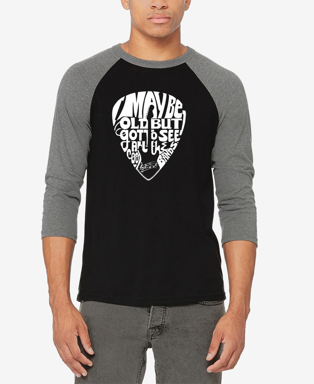 La Pop Art Men's Raglan Sleeves Guitar Pick Baseball Word Art T-shirt - Black