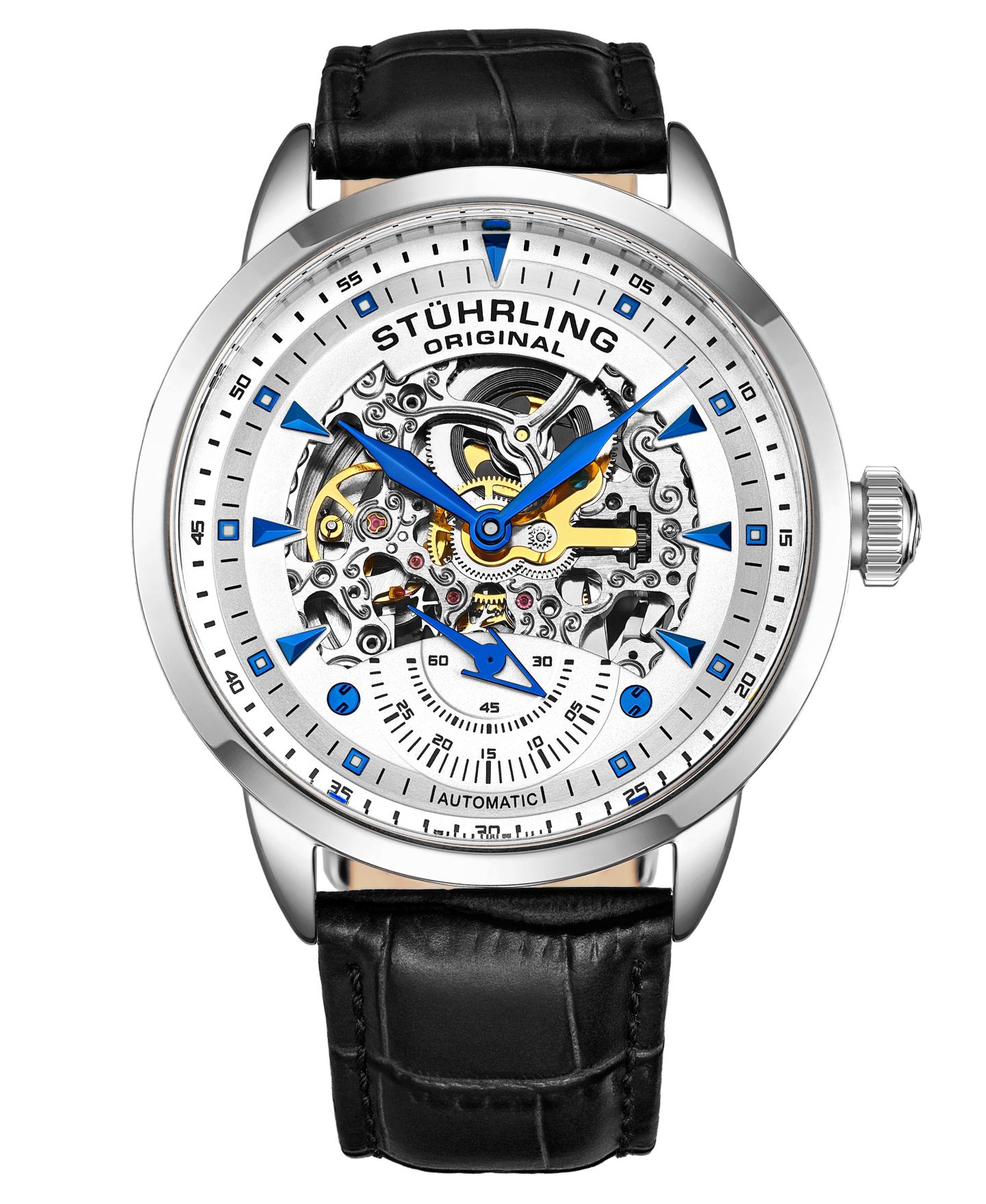 Мужские круглые часы Stuhrling Legacy с чёрным кожаным ремешком, белый циферблат, 44 мм — фото 3