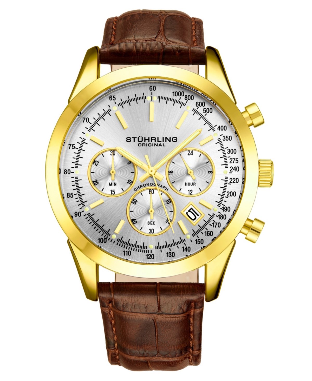 Stuhrling Mens Monaco Brown Leather, Silver-Tone Dial, 44mm Round Watch