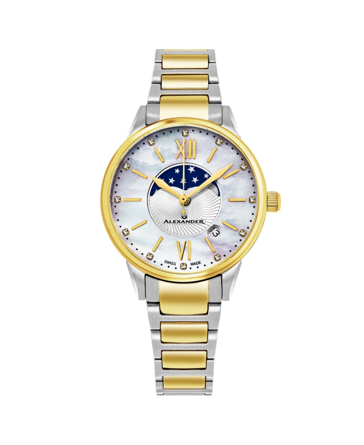 Ladies Quartz Moonphase Date Watch with Yellow Gold Tone Stainless Steel Case on Yellow Gold Tone Stainless Steel and Stainless Steel Bracel