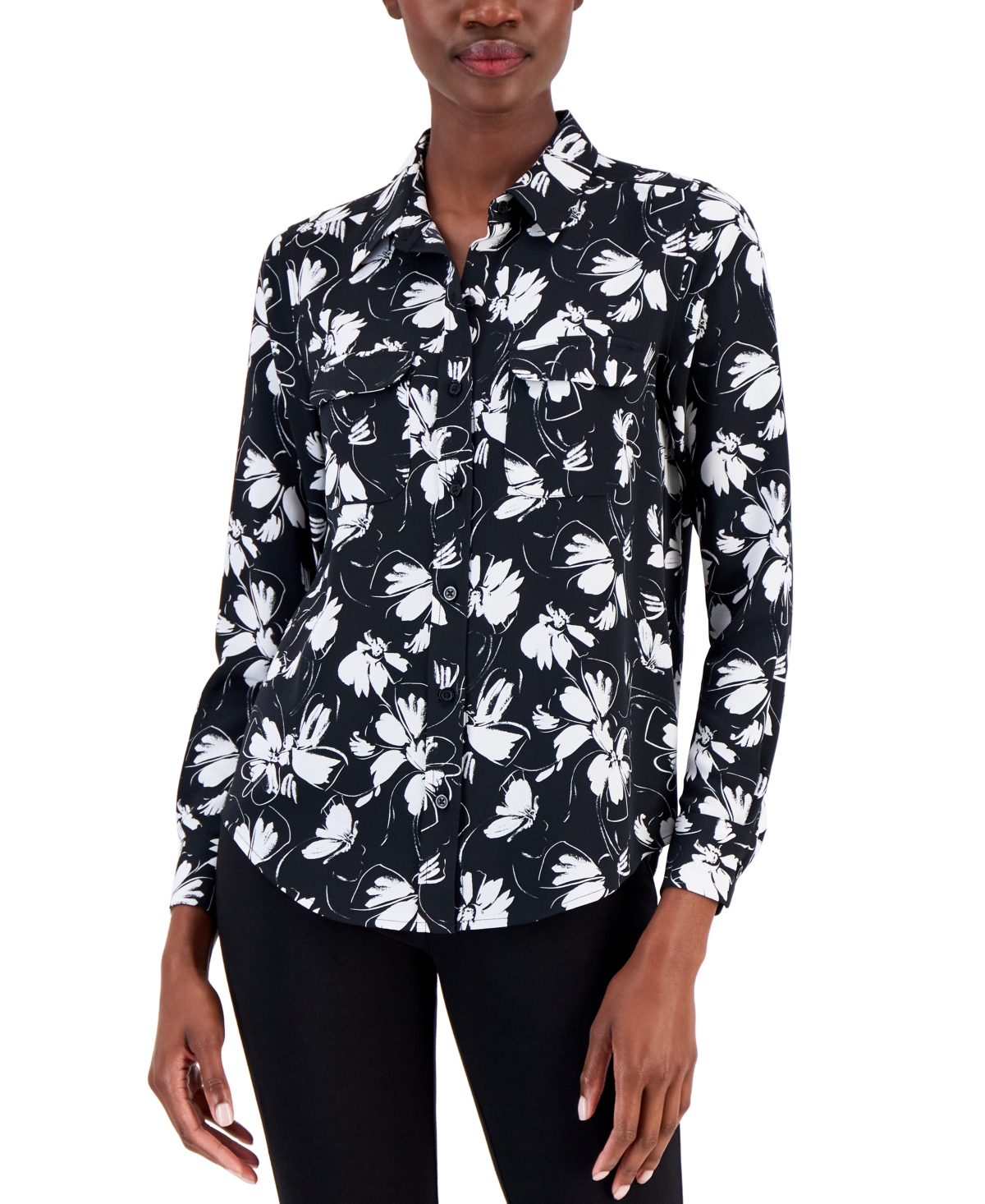 Alfani Women's Button-front Shirt, Created For Macy's In Blk Flrl Flow