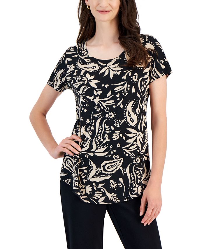 JM Collection Petite Printed Scoop-Neck Short-Sleeve Top, Created for ...