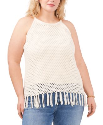 Vince Camuto - Plus Size Fringed Crochet Stitch Cotton Halter Top