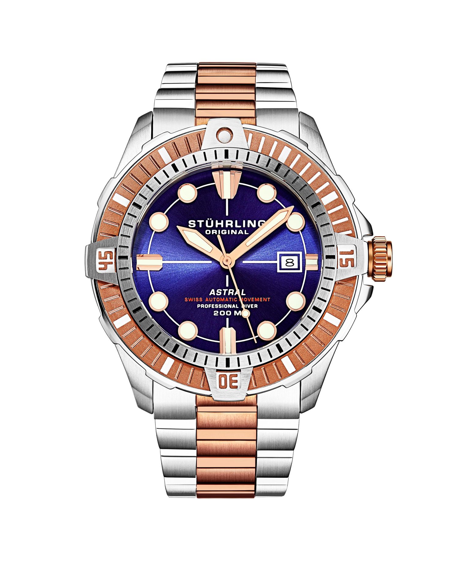 Men s Astral Diver 44mm Swiss Automatic Watch, Blue Dial, Two-Tone Rose Stainless Steel Bracelet, 200M Water Resistant