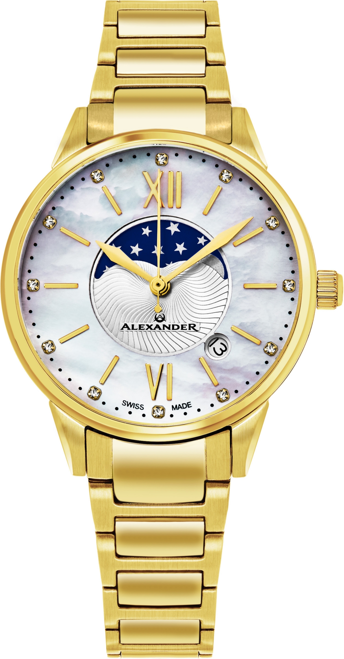 Ladies Quartz Moonphase Date Watch with Yellow Gold Tone Stainless Steel Case on Yellow Gold Tone Stainless Steel Bracelet, Silver Diamond D