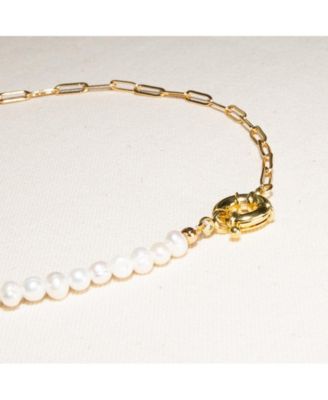 Half Pearl Half Paperclip Chain Choker, 6–7 mm Freshwater Pearls with Gold Stainless Steel
