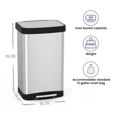 14.5 Gal./55 Liter Rectangle Step-On Stainless Steel Trash Can for Kitchen