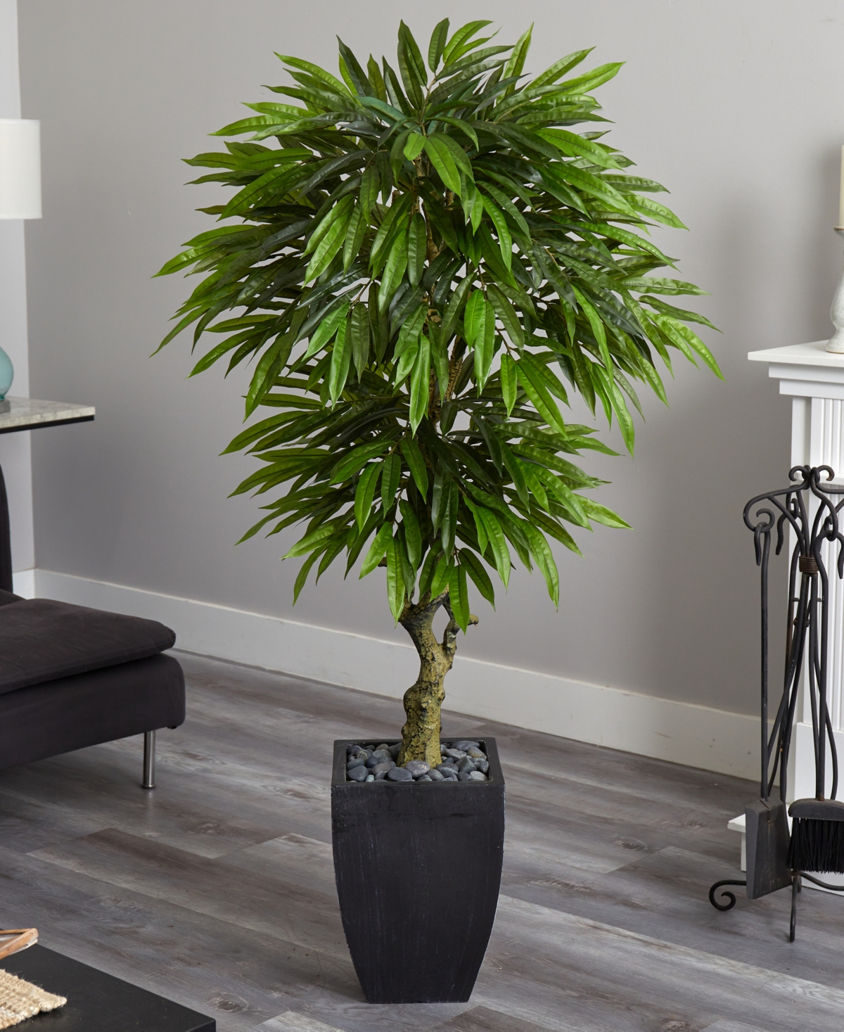 NEARLY NATURAL 5.5' MANGO ARTIFICIAL TREE IN BLACK WASH PLANTER UV RESISTANT 