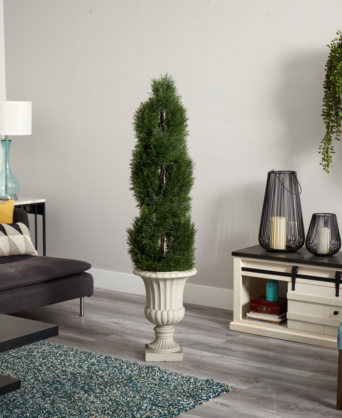 5' Double Pond Cypress Uv Resistant Indoor and Outdoor Artificial Spiral Topiary Tree in Urn