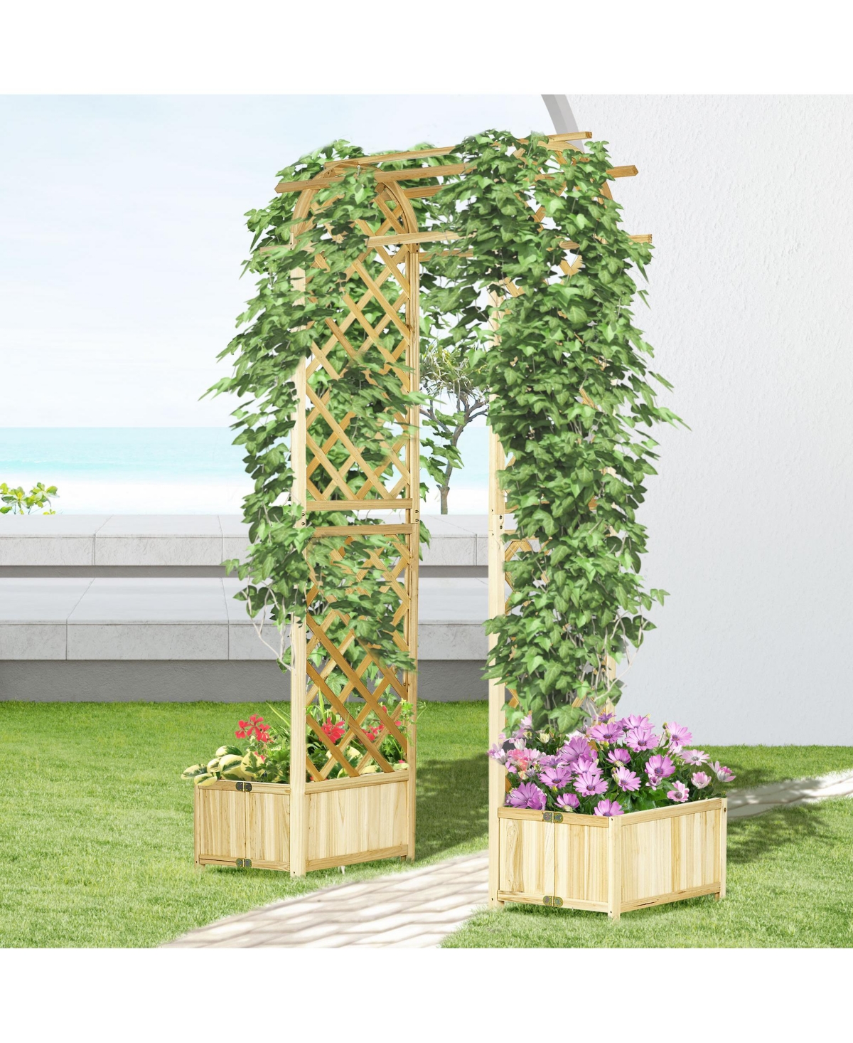 Outsunny Garden Arch, 2 Wood Trellis Sides, 2 Planter Boxes for Climbing Plants or Flower Pots, 7.5' Arbor Archway for Outdoor Wedding, Garden, Decora