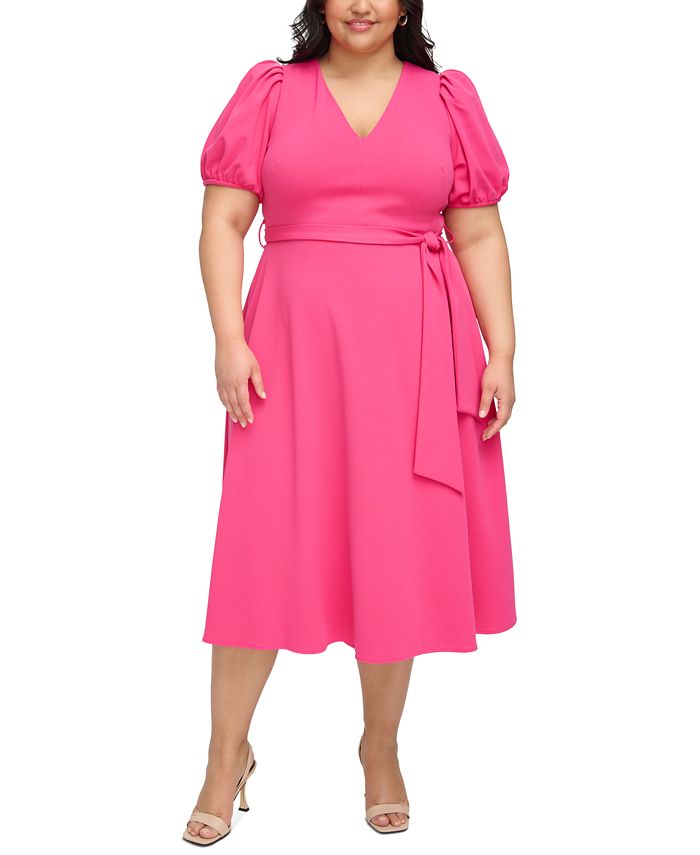 Calvin Klein Plus Size V Neck Puff Sleeve Midi Dress Macy s