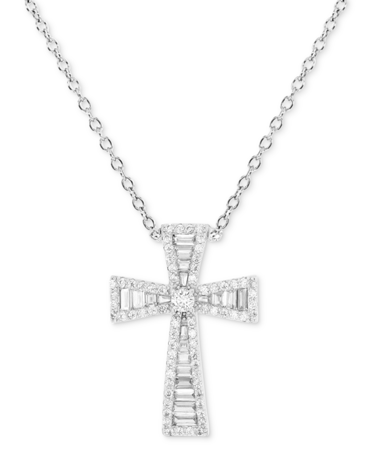 Macy's Cubic Zirconia Baguette & Round Cross 18" Pendant Necklace In Silver