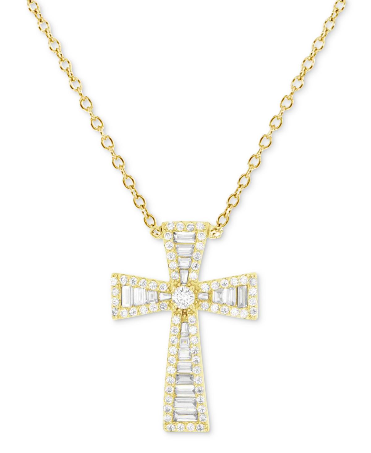 Macy's Cubic Zirconia Baguette & Round Cross 18" Pendant Necklace In Gold