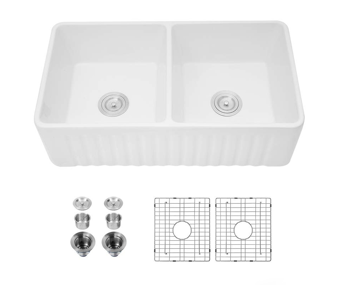 Ceramic 33 18 X10 Kitchen Double Basin Farmhouse Sink Rectangular Vessel Sink - White