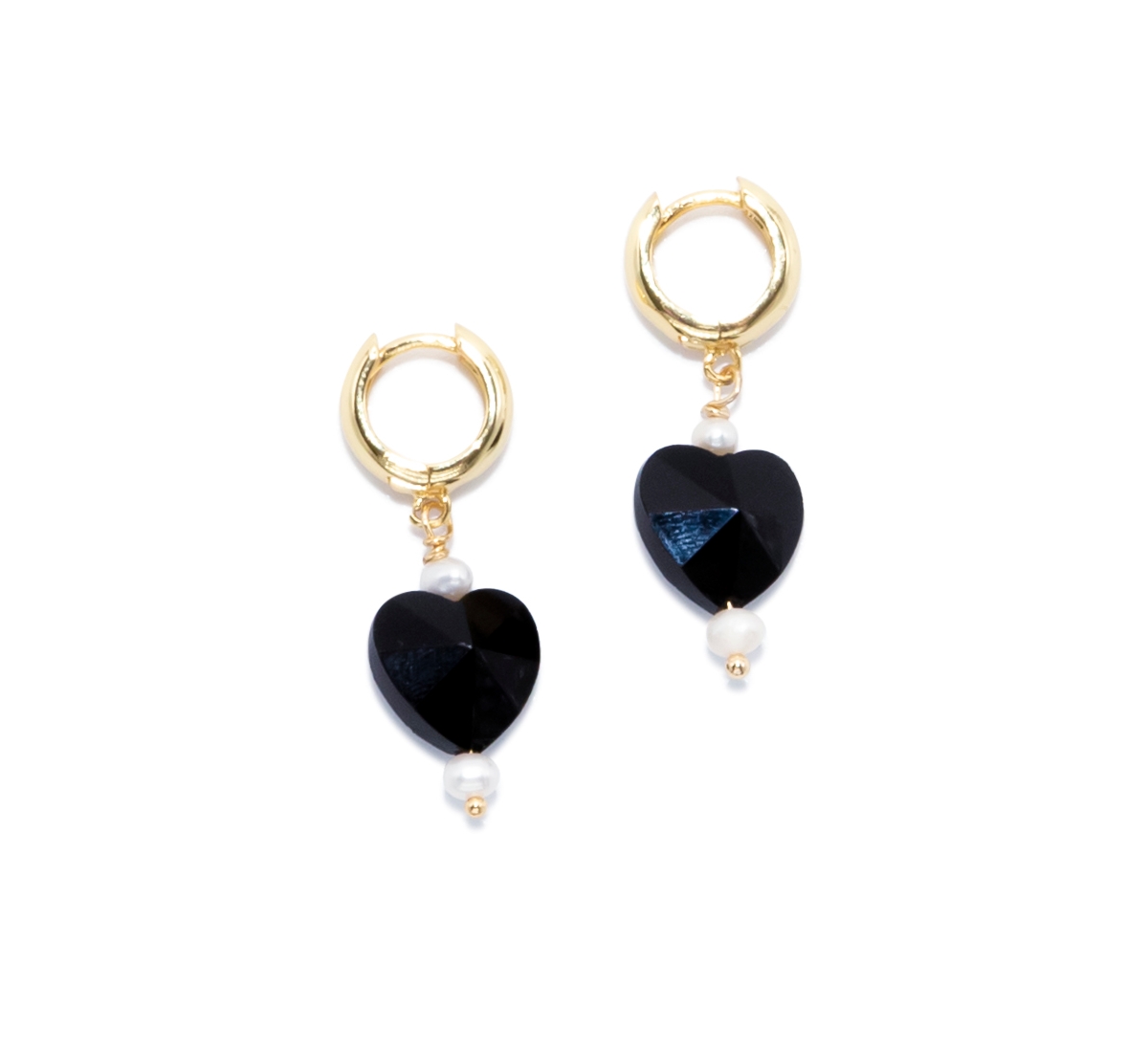 18K Gold Plated Huggies Freshwater Pearls with Black Heart Charm - Kuro Earrings For Women - Black