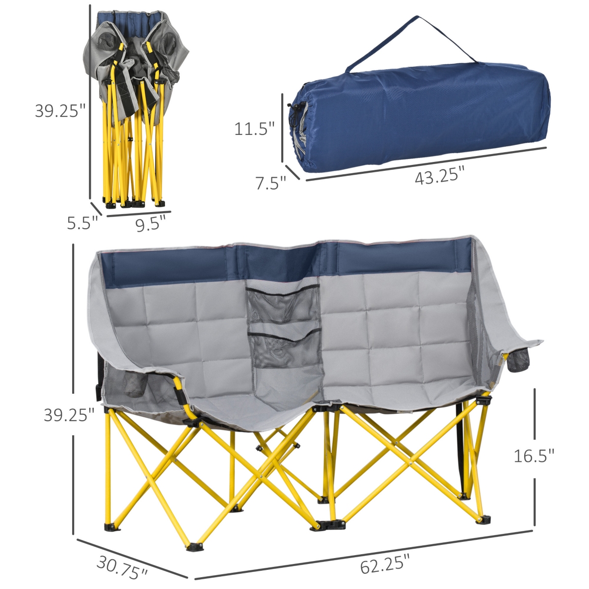 Double Seat Camping Chair Folding Loveseat w/ Carry Bag - Blue