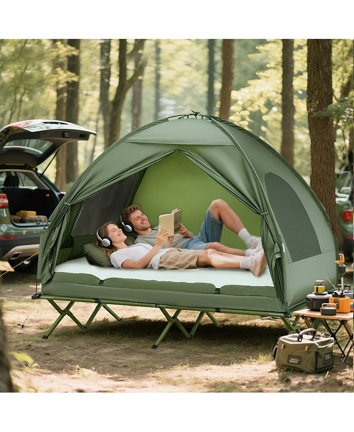 Outsunny 2 Person Foldable Camping Cot, Portable Outdoor with Bedspread