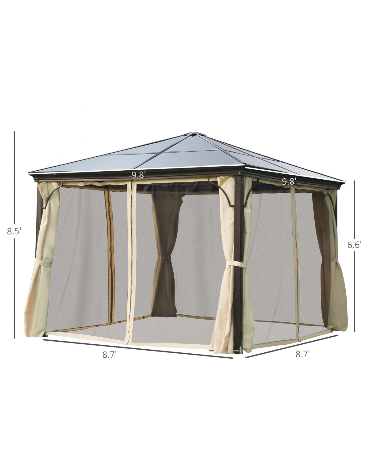 Outsunny 10x10 Polycarbonate Hardtop Gazebo, Gazebo Canopy with Aluminum Frame, Curtains and Netting for Garden, Patio, Backyard,- Beige
