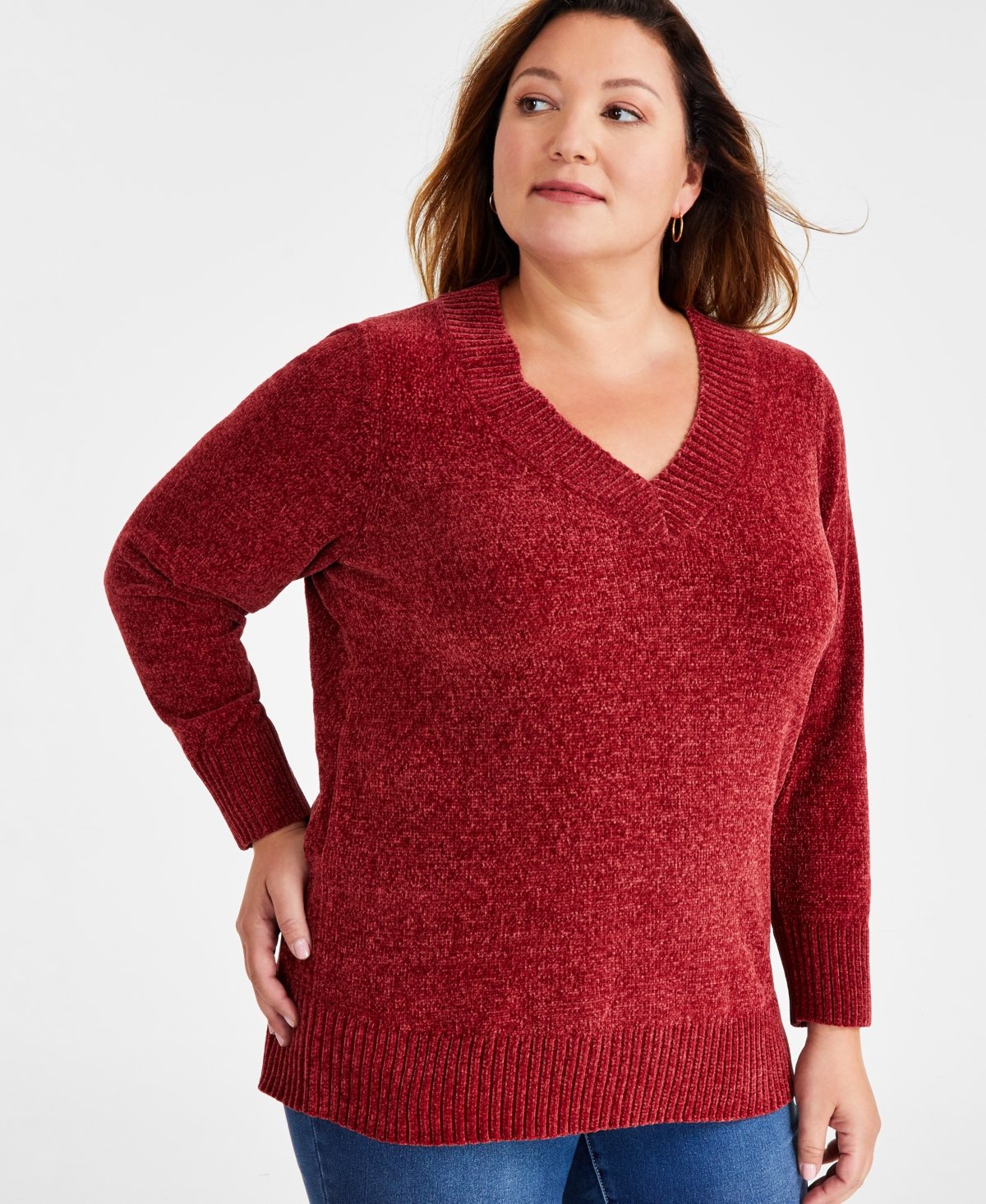 Style & Co Plus Size V-neck Long-sleeve Chenille Sweater, Created For Macy's In Scarlet Crush