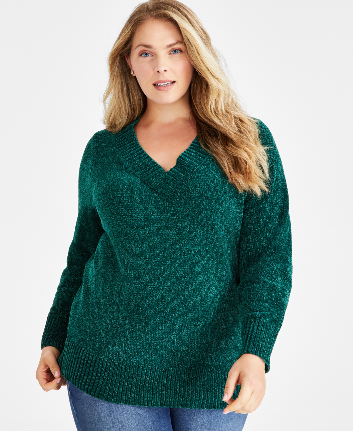 Style & Co Plus Size V-neck Long-sleeve Chenille Sweater, Created For Macy's In True Emerald