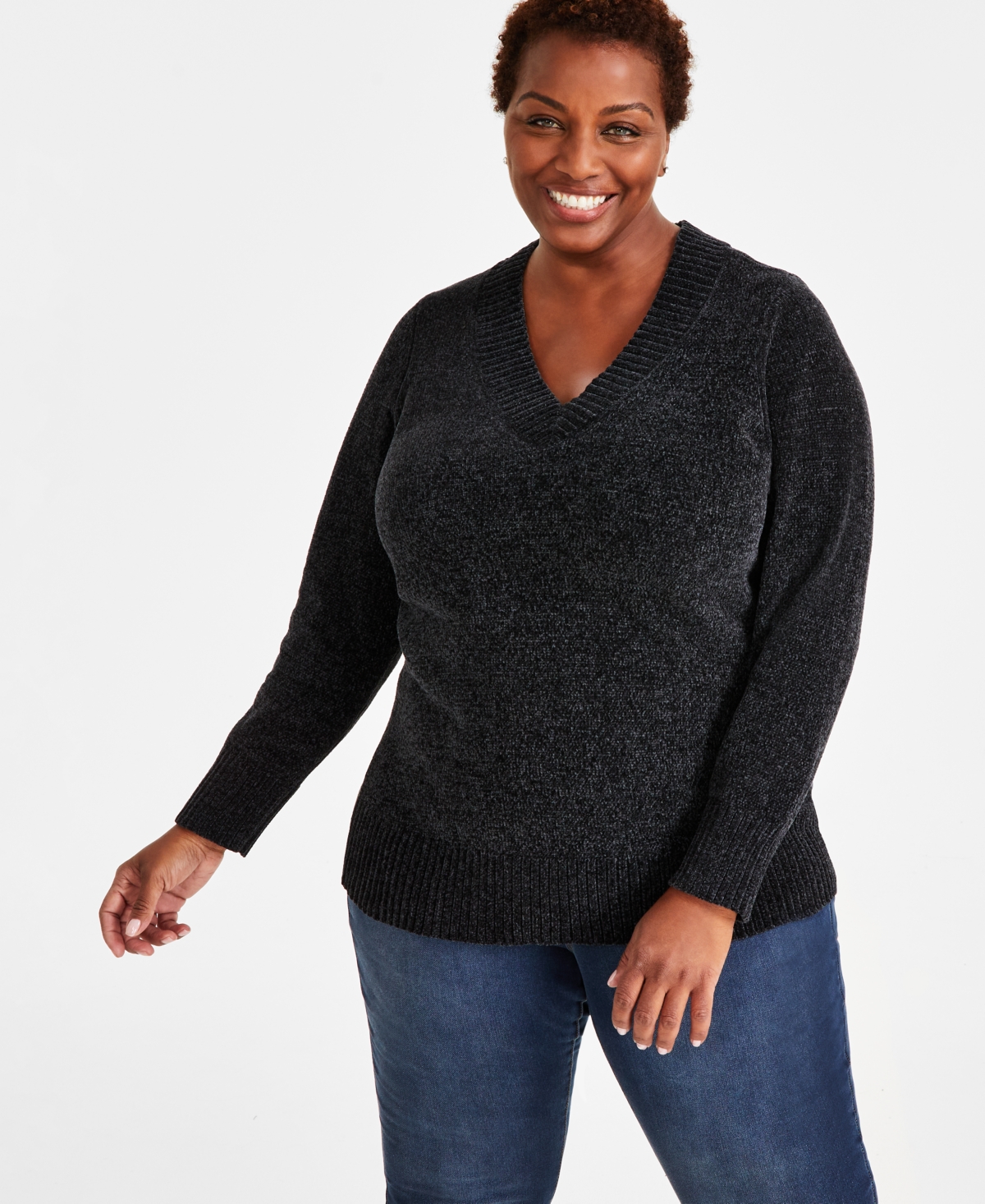 Style & Co Plus Size V-neck Long-sleeve Chenille Sweater, Created For Macy's In Deep Black