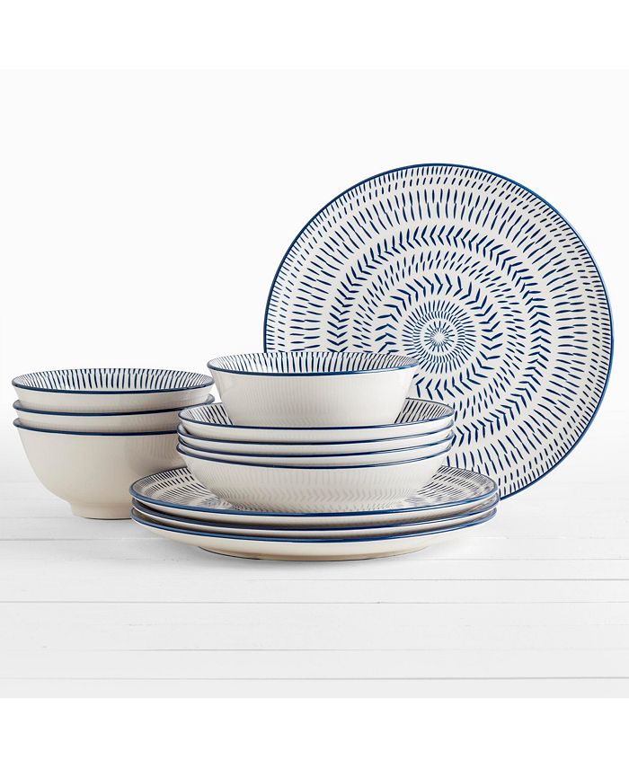 Tabletops Gallery Navy Pad Print 12PC Dinnerware Set, Service for 4
