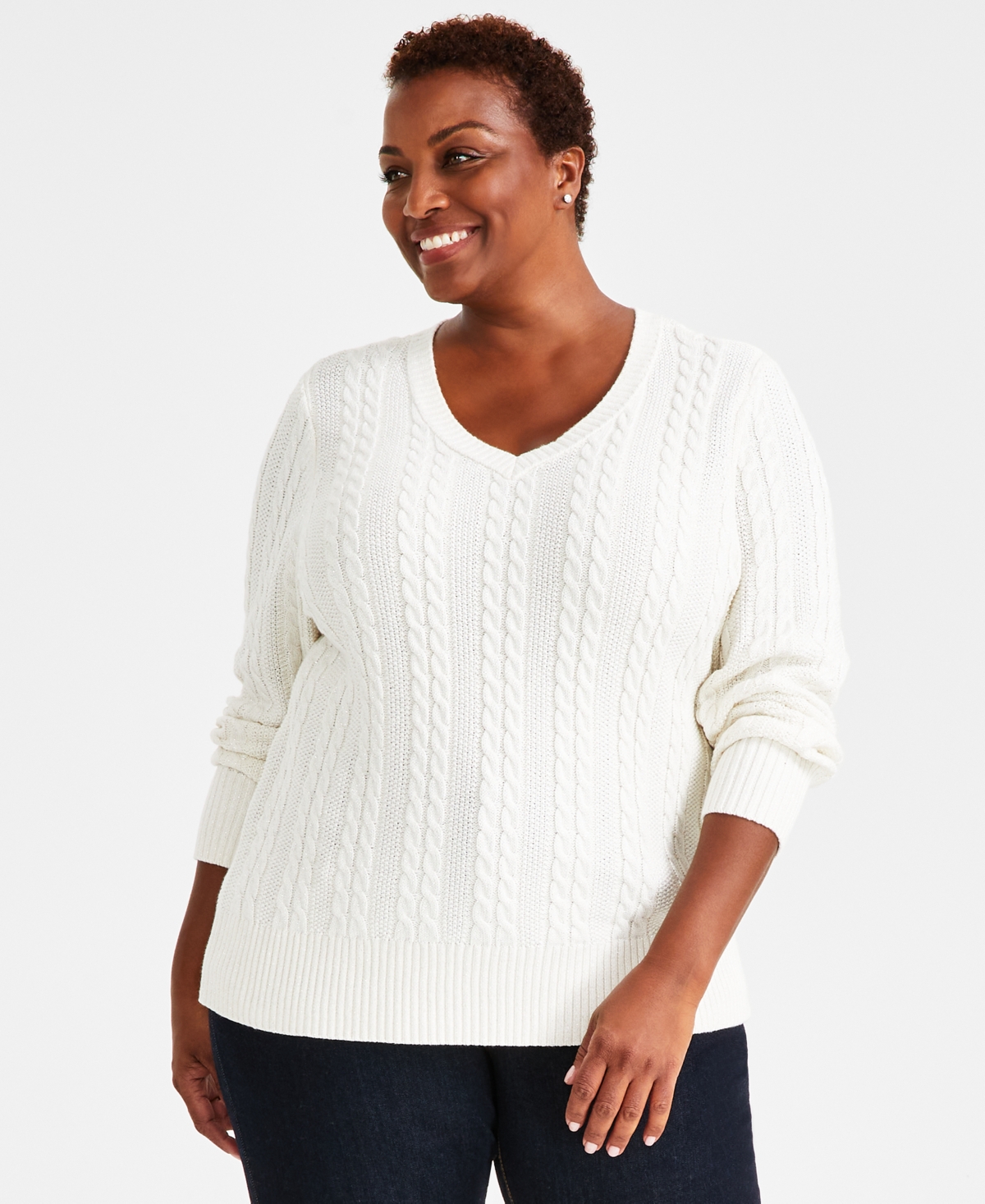 Style & Co Petite V-neck Shine Cable-knit Lurex Sweater, Created For Macy's In Natural Ivory