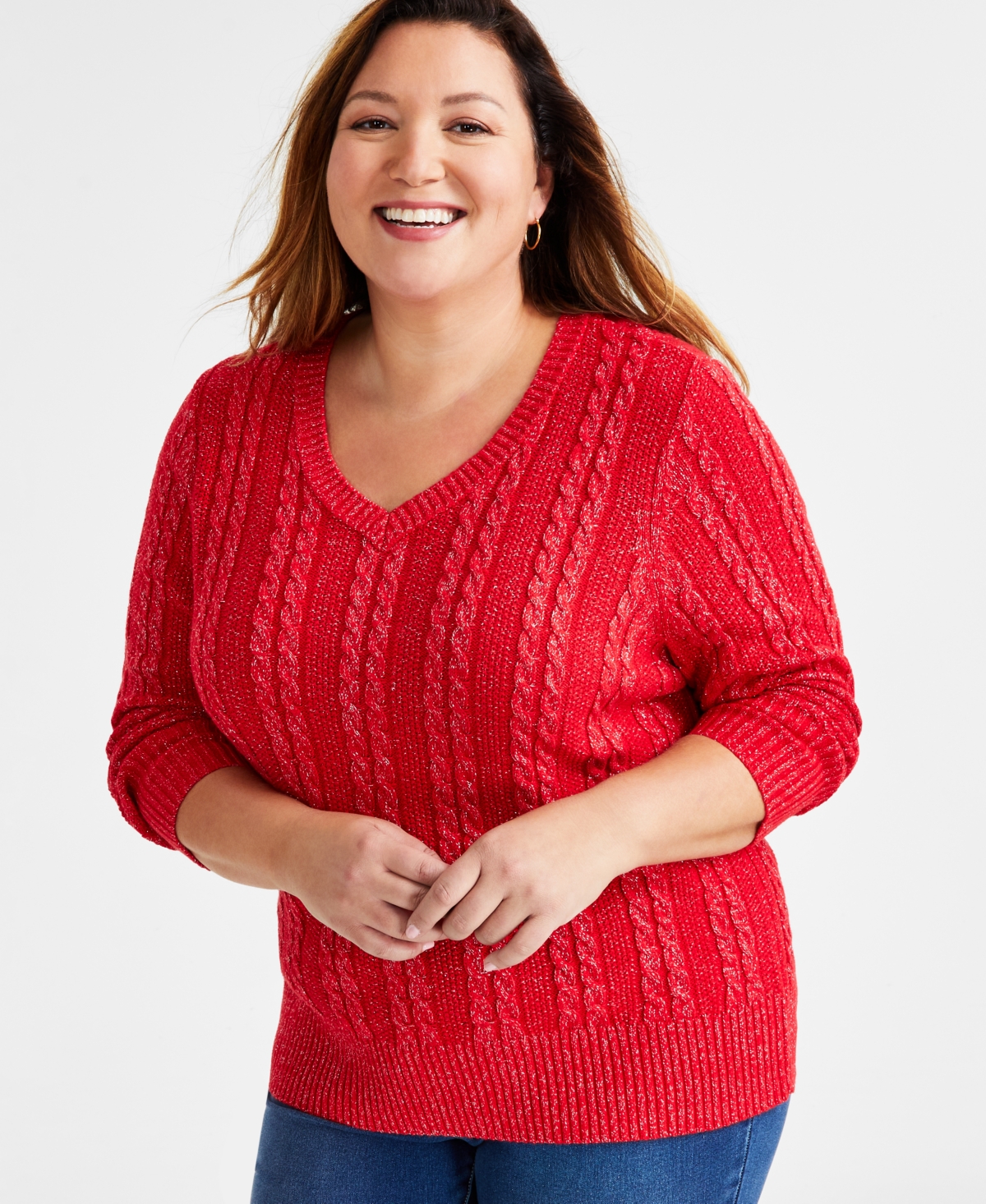 Style & Co Plus Size Metallic Cable Knit Sweater, Created For Macy's In Tango Red