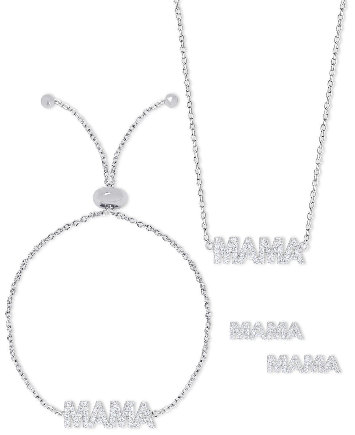 Macy's 3-pc. Set Lab-grown White Sapphire (1-3/4 Ct. T.w.) Mama Pendant Necklace, Stud Earrings, & Bolo Bra In Silver
